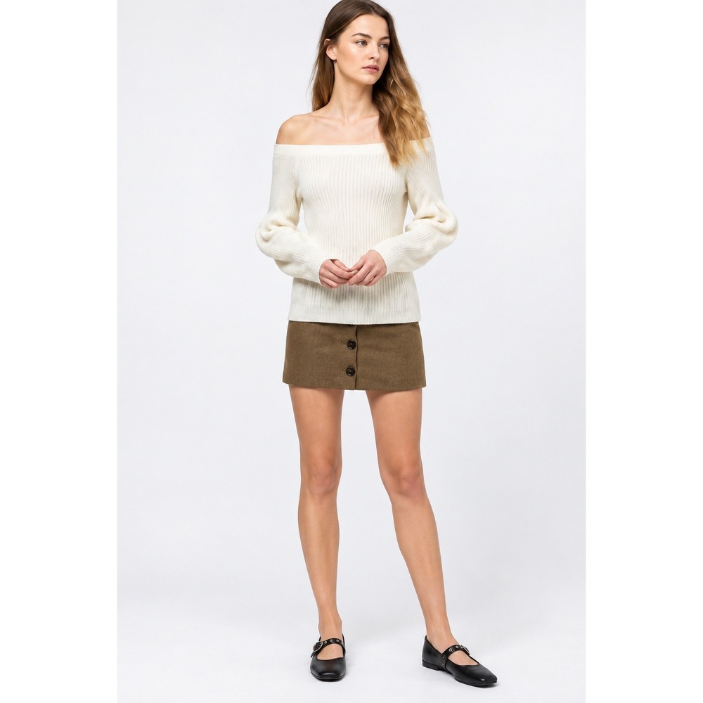 Rebecca Minkoff Ivory Wool Cashmere Off Shoulder Puff Sleeve Ribbed Sweater M